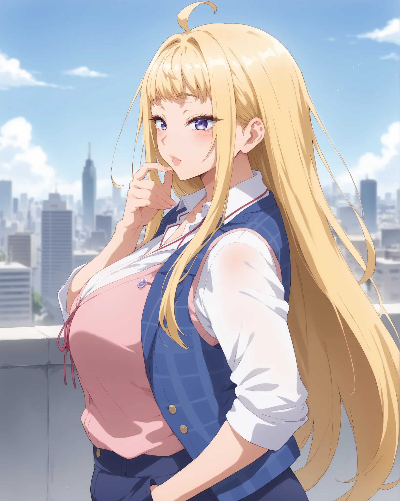 score_9, score_8_up, 36 yo milf, (close-up), mature female, milf, milfication, (mature woman artstyle), soft motherly look, long blonde hair, pale blonde hair, looking at viewer, minami fuyuki, long hair, blonde hair, purple eyes, ahoge, sidelocks, sensual...