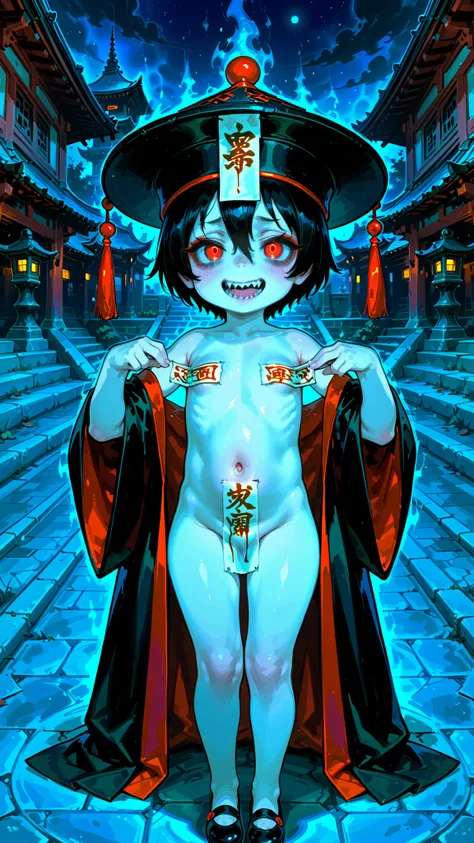 best quality, ultra highres, RAW photo, undead Chinese vampire, tiny frame, flat chest, mystical paper seals covering nipples and groin, ghostly white flesh, flowing black hair, Taoist talismans, supernatural essence, night scene, temple courtyard, eerie p...