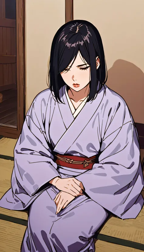 vintage movie, girl, short hair, navy hair, straight hair, woman body, soft lilac kimono, tatami, meditating , hyuga clan, shinobi village, konohagakure, (((perfect lips))), perfect hair, looking down, shy, melancholic, ((young)), ((19 years old)), ((intro...