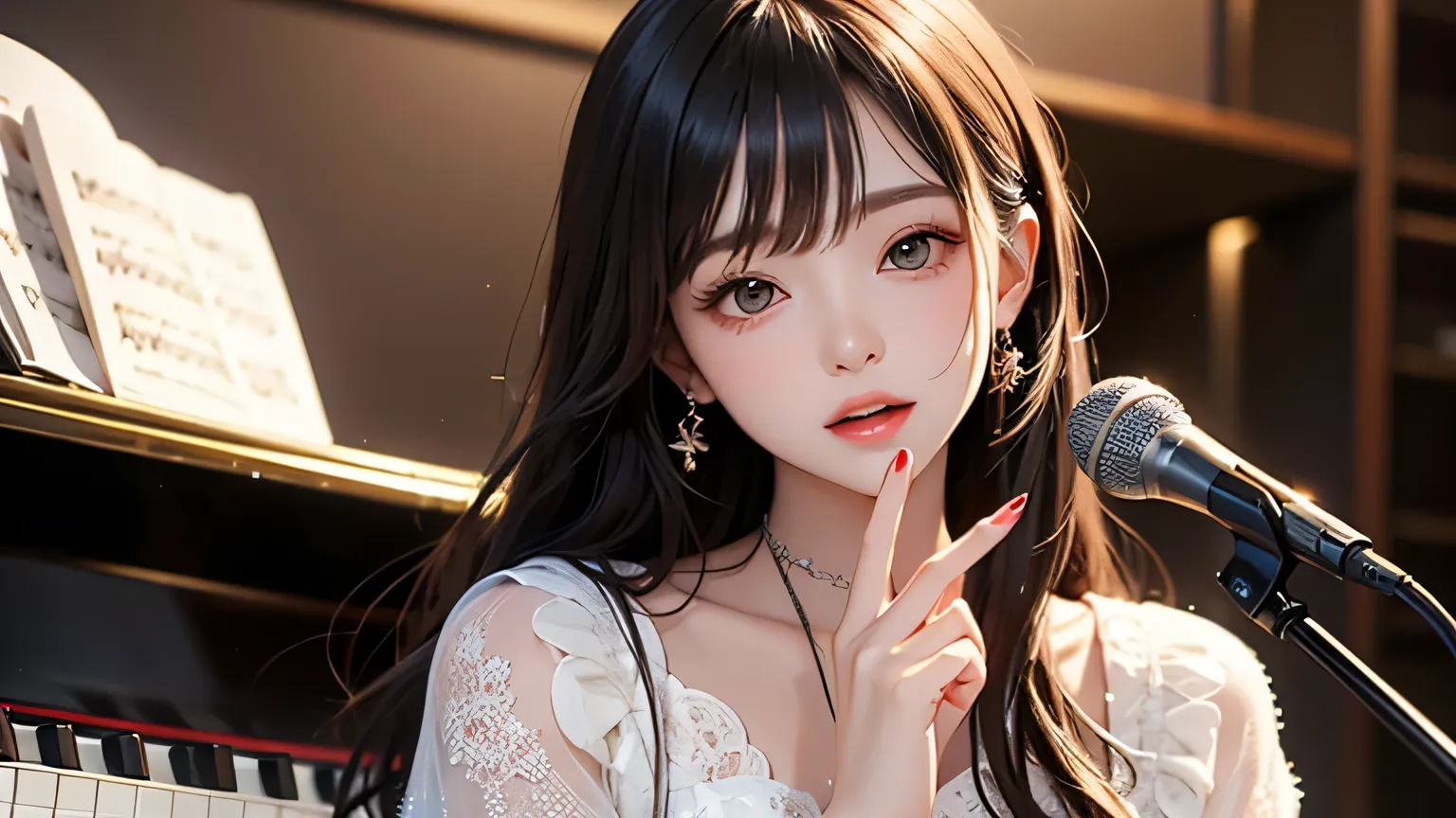 Girl standing next to a piano and singing with a stand microphone、West up image、Perfectly Beautiful Face、hand、refer to、nail