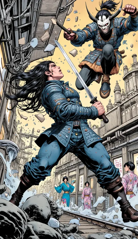 masterpiece, Dynamic manga panel depicting an intense samurai duel inside a traditional Japanese train. Two samurai in (((full traditional armor))), each wielding a (((katana in both hands))), clash in mid-air. One samurai delivers a powerful kick that se...
