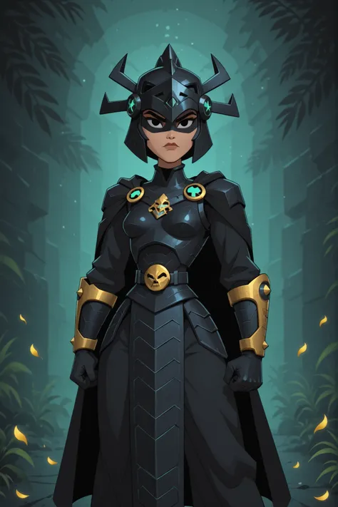 A girl, alone, cartoon style image, samurai jack style, flat color, ancient warrior of a Mesoamerican civilization, obsidian helmet resembling a raven, black outfit, obsidian armor, light skin, cape, gloves, looking at the viewer, wrapped in thick darkness...
