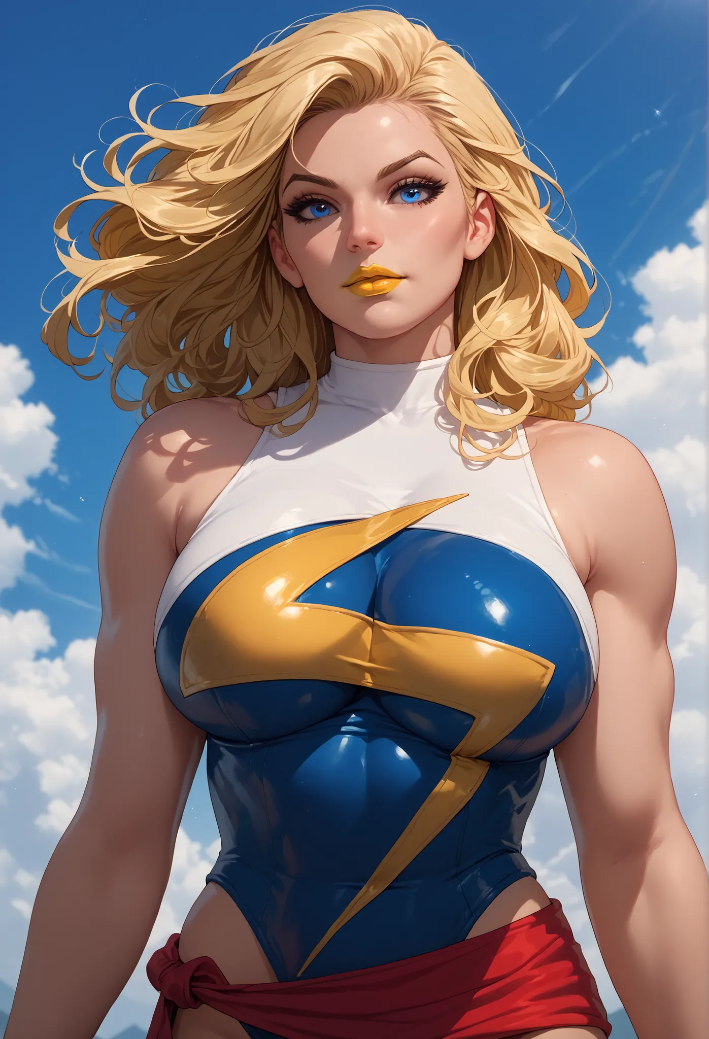 Women, blond hair, blue eyes, piel blanca, Big breasts, Miss Marvel, yellow lipstick, of the rays of God