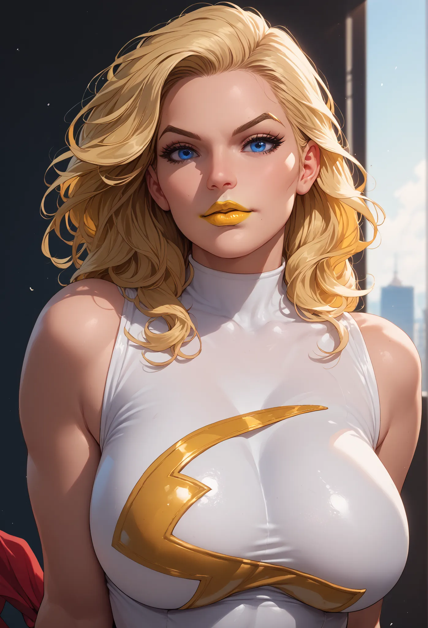 Women, blond hair, blue eyes, piel blanca, Big breasts, Miss Marvel, yellow lipstick, of the rays of God