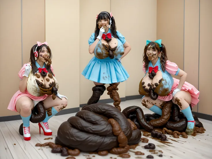 masterpiece,best quality,amazing quality, absurdres, realistic, indoors, stage, strobe lights, ((3 girls)), ((japanese pop idol unit)), petite, black hair, brown hair, pigtails, hairbow, perfect face, narrowed eyes, grin, lipstick, headset, frilly idol out...