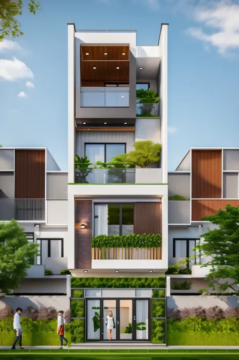 let's create a modern townhouse 3D perspective, cozy colors suitable for young people