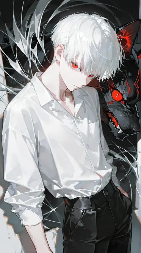 8k, clear line, 1boy, 13years-old, cat's ear, white haired, short-cut haired, bright skin, red eyes, sharp eyes, white shirt, black short suit pants, illustration, mistical