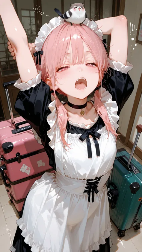 1 little girl, solo, diagonal angle,
masterpiece, best quality, amazing quality, very aesthetic,
pink hair, twintails, pink eyes,
=_=, @_@, sleepy, squeans, spoken squeans,
yawning, stretching,
choker, maid outfit, long skirt,
huge rolling suitcase,
...