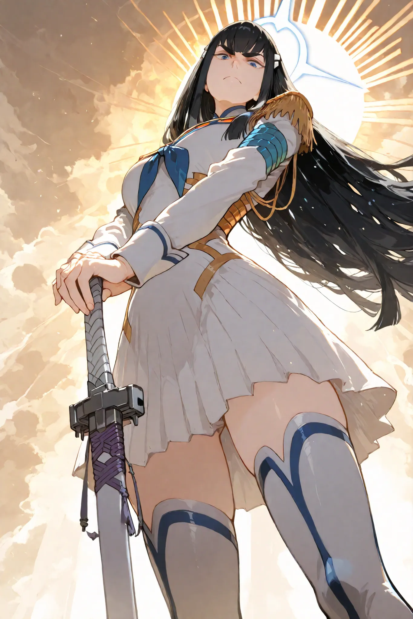 solo, 1girl, Kiryuuin Satsuki, black hair, long hair, blue eyes, thick eyebrows, hair ornament, Junketsu, white military dress uniform, epaulettes, high heel boots, thigh boots, thighhighs, sword, hands on hilt, serious expression, face focus,front view, f...