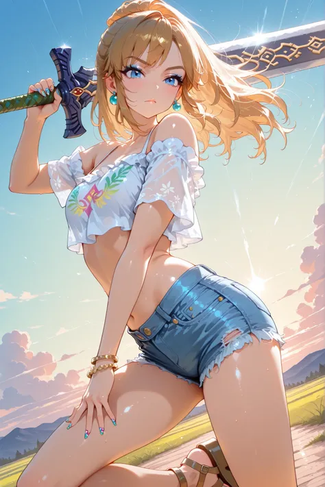 1girl, link, crossdressing, gyaru fashion, denim shorts, crop top, summer outfit, trendy streetwear, blonde hair, gyaru makeup, nail art, earrings,platform sandals, holding a giant sword,dynamic battle pose, looking at viewer, shy body language, stylish, f...