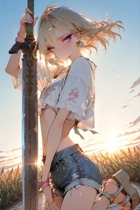 1girl, link, crossdressing, gyaru fashion, denim shorts, crop top, summer outfit, trendy streetwear, blonde hair, gyaru makeup, nail art, earrings,platform sandals, holding a giant sword,dynamic battle pose, looking at viewer, shy body language, stylish, f...