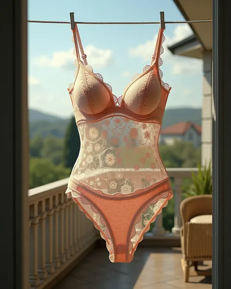  (highest quality),(((Photorealistic))), 8K, perfect composition,balcony,hang out the laundry,hang out big size lace bra,(((gigantic bra))),(((M cup bra))),hang out lace thong