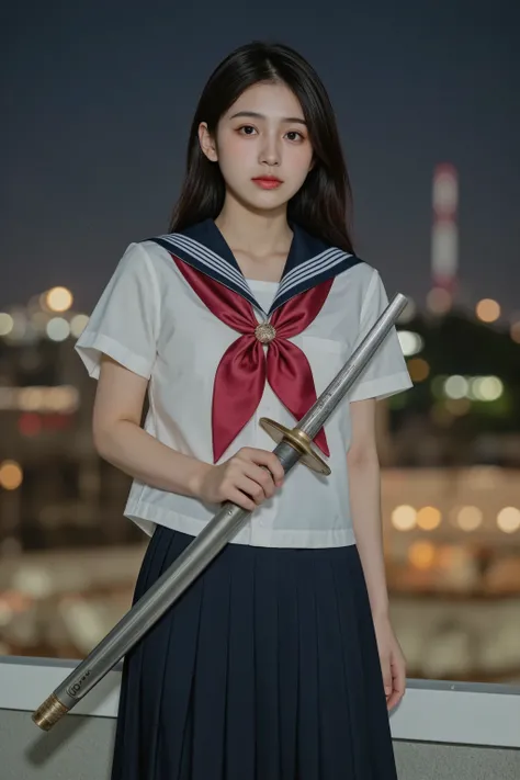 A female high school student stands on a school rooftop at night, wearing a dirty and tattered school uniform. The student holds a katana in her hands. The rooftop surface is concrete with scattered debris and gravel. Urban nighttime scenery is visible in ...