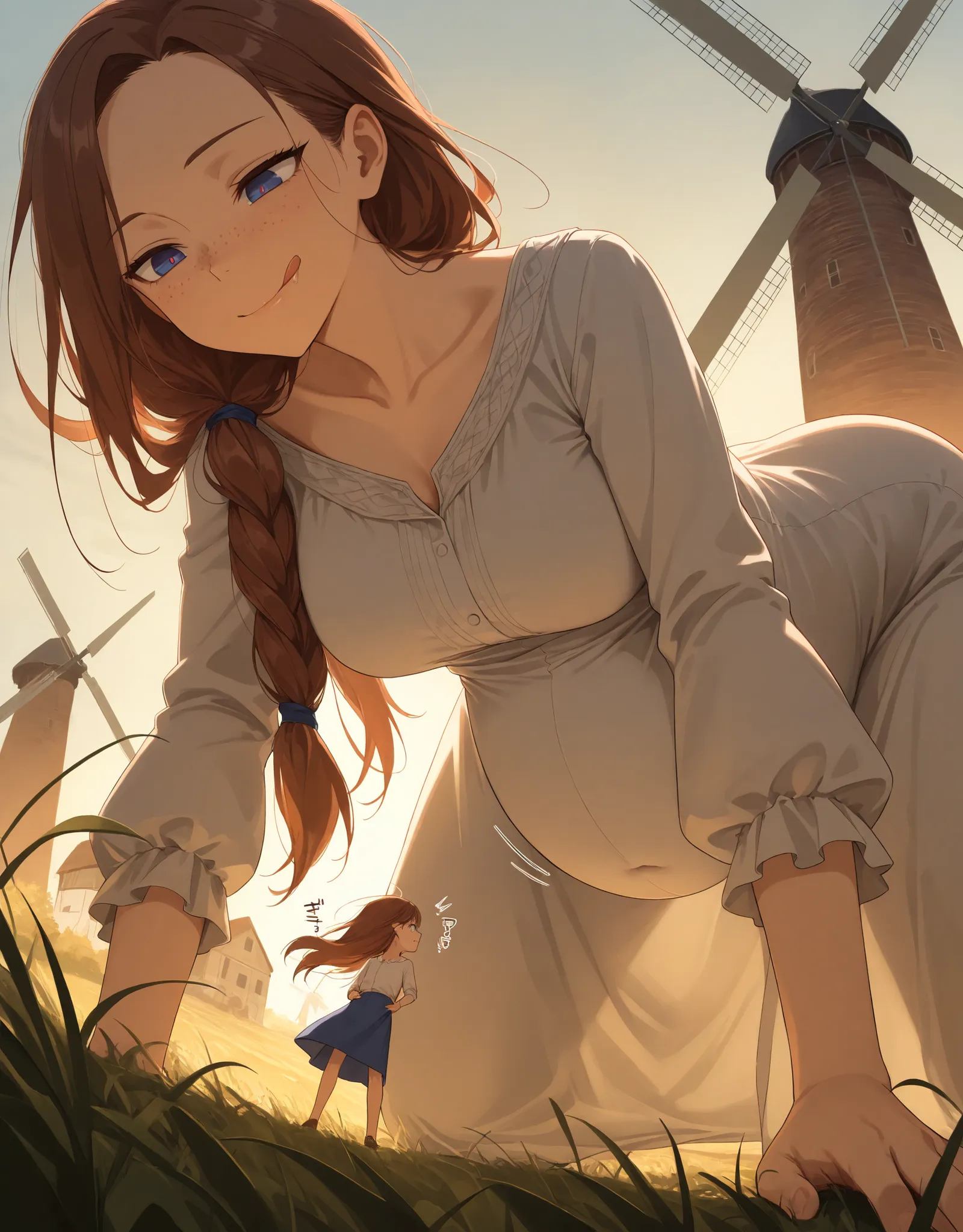 masterpiece, high quality, best quality, 
fully dressed, covered navel, belly concealed by clothes,
countryside meadow, windmill, Scandinavian woman, Scandinavian blouse, hair extension,
visible neck, long neck, visible forehead, freckles, moles, detailed ...