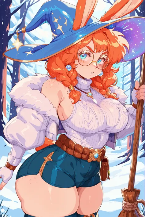 Bl3th3bn3_Styl3_SKNSFW, AuroraLOL, 1girl, ginger hair, freckles, rabbit ears, rabbit tail, earring,,round glasses, witch hat, sleeveless sweater, white jacket with fur, white fingerless gloves, rope belt, blue shorts, thighhighs, winter forest