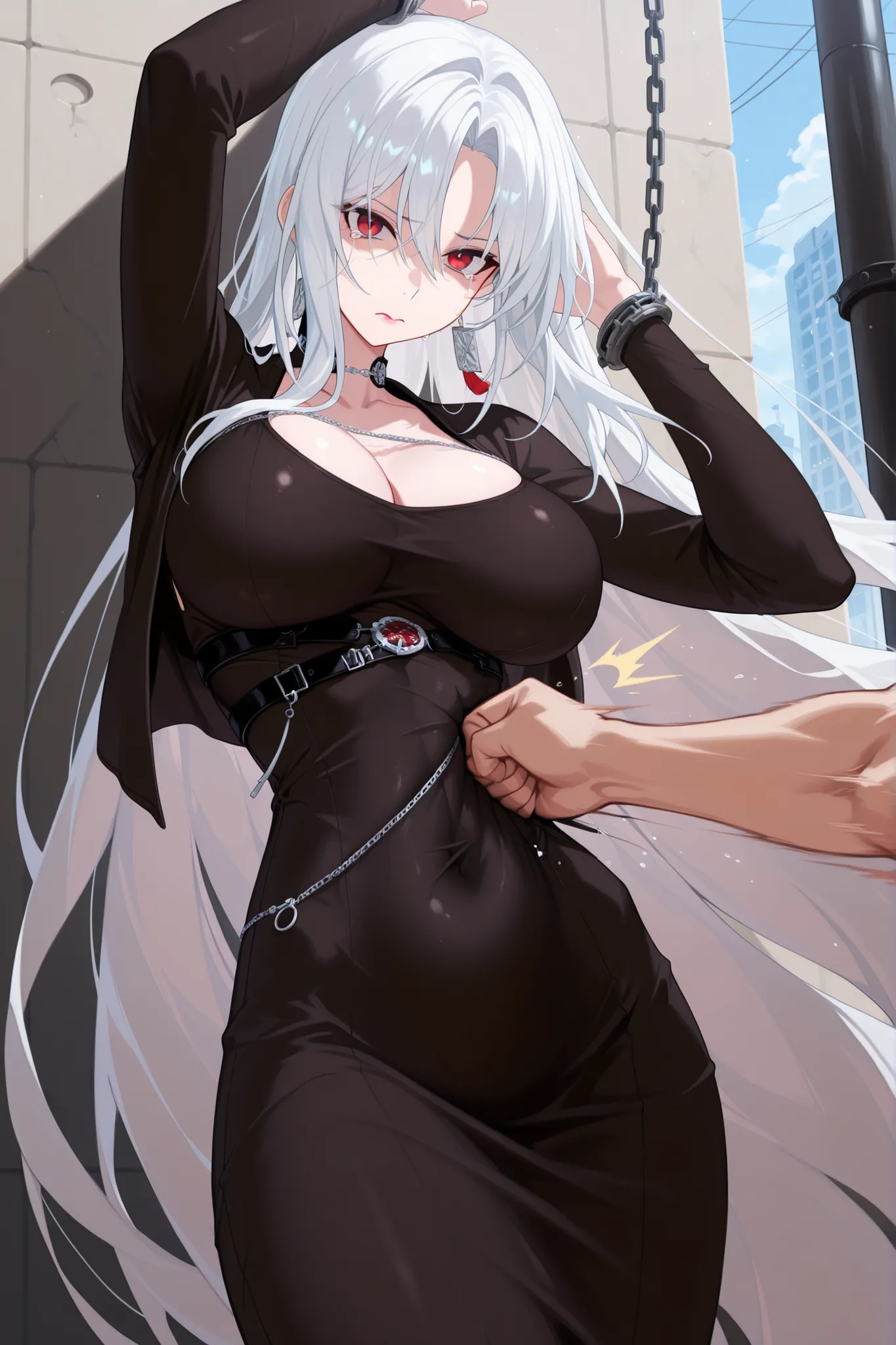 masterpiece,best quality,highres,Super detailed,very detailed,highest quality,super detailed,high quality,high-definition,extremely detailed, absurdres,perfect lighting,outdoors,hanging all hands over head,hanging two hands over head,chain restrict her wri...