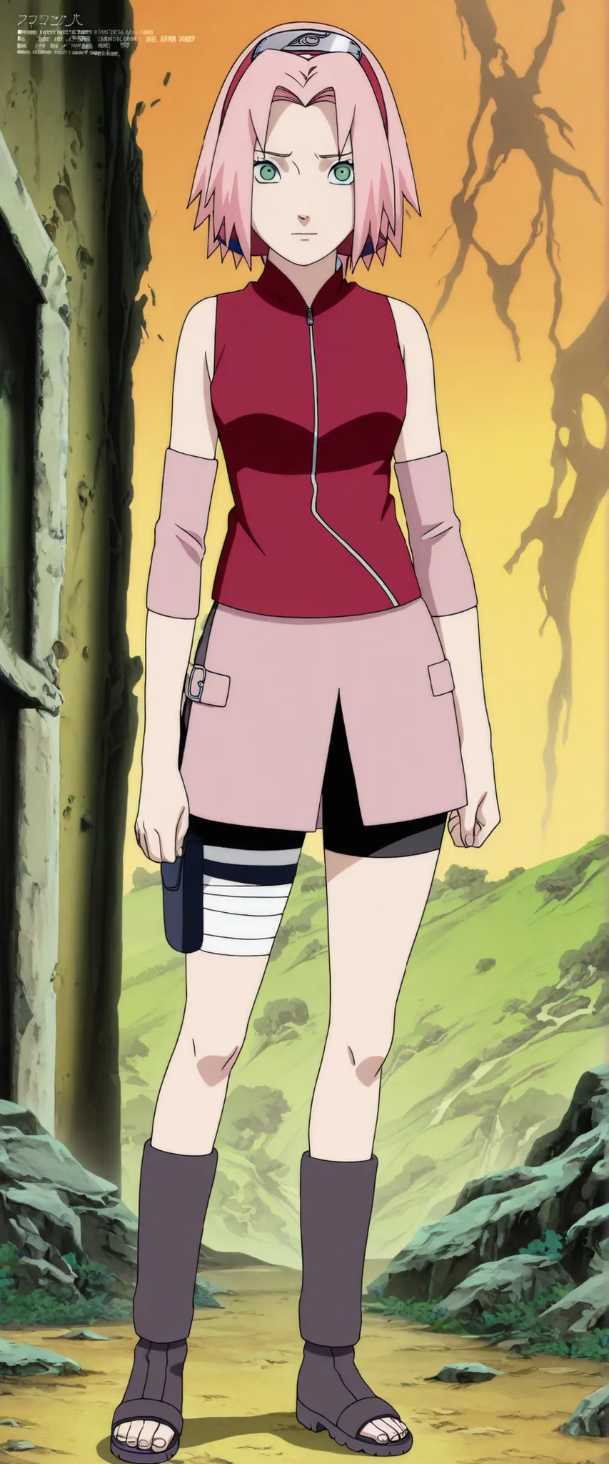 1girl,haruno sakura standing look at the viewer, BREAK pink hair, short hair, red hairband, green eyes, parted bangs, BREAK red sleeveless minidress, zipper, pink miniskirt, bandaged thigh, BREAK medium breasts, beautiful body, beautiful legs ,lift legs, m...