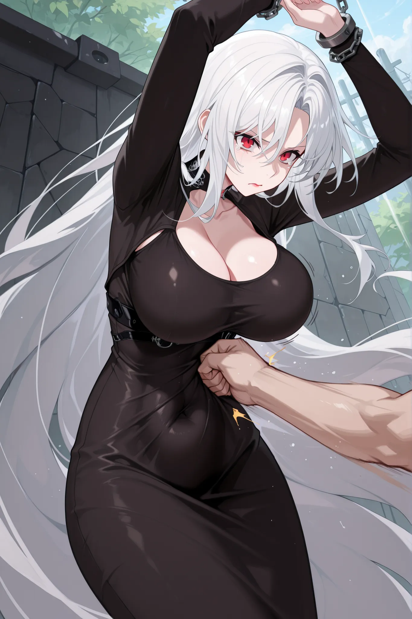 masterpiece,best quality,highres,Super detailed,very detailed,highest quality,super detailed,high quality,high-definition,extremely detailed, absurdres,perfect lighting,outdoors,hanging all hands over head,hanging two hands over head,chain restrict her wri...