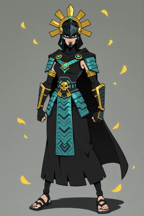 A girl, alone, cartoon style image, samurai jack style, flat color, ancient warrior of a Mesoamerican civilization, obsidian helmet resembling a raven, black outfit, obsidian armor, light skin, cape, gloves, looking at the viewer, wrapped in thick darkness...
