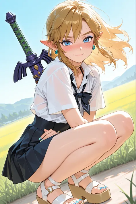 1boy, link, crossdressing,high school uniforms , summer outfit, trendy streetwear, blonde hair, gyaru makeup, nail art, earrings,platform sandals, wielding a Master Sword, dynamic battle pose, embarrassed smile, blushing, looking at viewer, shy body langua...