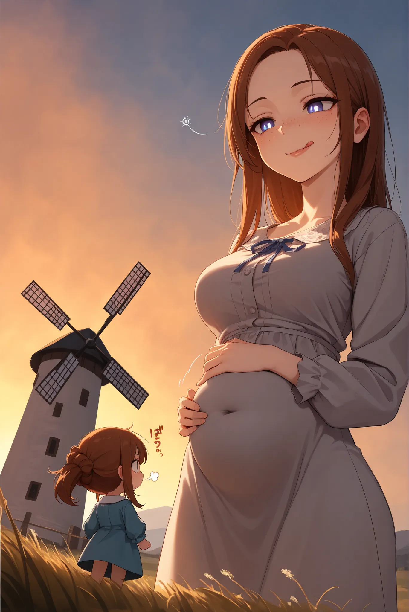 masterpiece, high quality, best quality, 
fully dressed, covered navel, belly concealed by clothes,
countryside meadow, windmill, Scandinavian woman, Scandinavian blouse, hair extension,
visible neck, long neck, visible forehead, freckles, moles, detailed ...