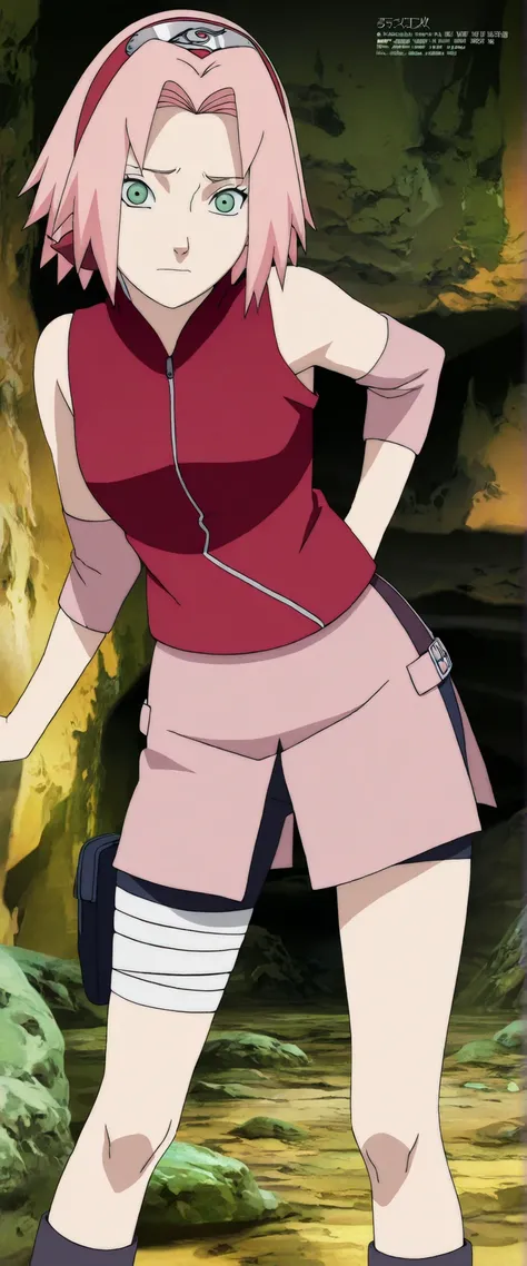 1girl,haruno sakura standing look at the viewer, BREAK pink hair, short hair, red hairband, green eyes, parted bangs, BREAK red sleeveless minidress, zipper, pink miniskirt, bandaged thigh, BREAK medium breasts, beautiful body, beautiful legs ,lift legs, m...