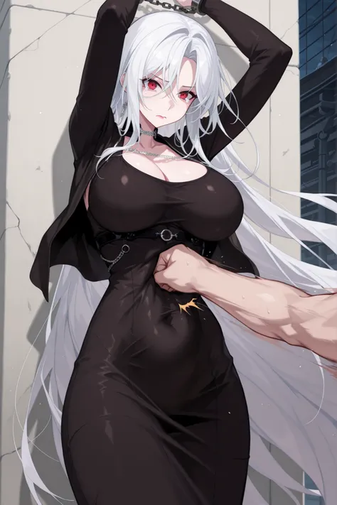 masterpiece,best quality,highres,Super detailed,very detailed,highest quality,super detailed,high quality,high-definition,extremely detailed, absurdres,perfect lighting,outdoors,hanging all hands over head,hanging two hands over head,chain restrict her wri...