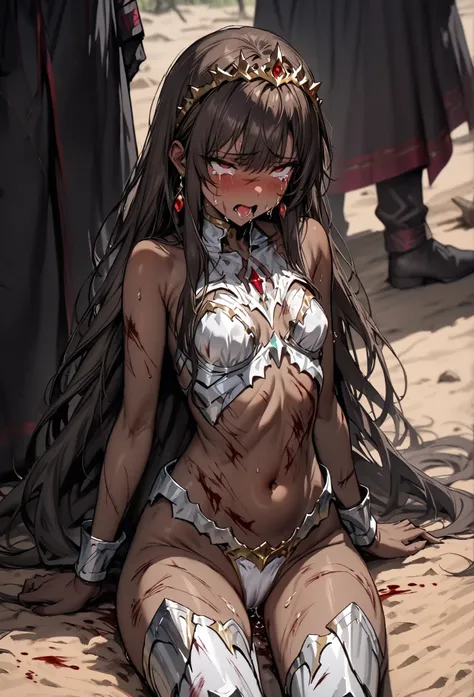 ((masterpiece, top quality:1.2)),(((1girl is captured by the Dark Priest))),cowboy shot with a close cute face,A princess sitting on the ground in front of a dark priest with her legs spread wide from side to side in the desert,black hair straight,long hai...
