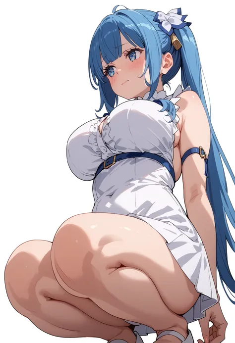 (From the front: 1.3), (From below: 1.3), arms behind the back, white outfit, white mini skirt, slender body, huge breasts, squatting,, embarrassed face, petite, beautiful thighs, white background, empty background