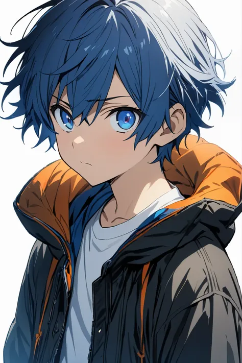 [(WHITE BACKGROUND:1.5),::5], (((masterpiece))), high quality, ultra very high resolution, full color, ((solo)), ((younger boy)), ((men's short DeepBlue hair)), (deepblue eyes), anime, ((Upper body)), White shirt clothes, black parka, 