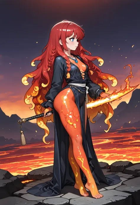 Ranma Saotome. red hair. blue eyes. braid. small breasts. wide hips. necklace. black eyeliner. pink manicure. |   safe_pos, core_9, score_8_up, score_8, semi realistic, ultra detailed, 8k, high quality, hi res, high quality, detailed eyes, perfecteyes, det...