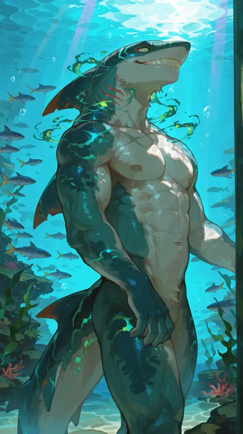 Masterpiece, best quality, 8K resolution, HDR, ultra-detailed anime cel-shading style, Semi-realistic anime with intricate furry features. A muscular male shark furry with electric blue fur, dark green eyes, and sharp teeth, nude (as per '坦诚相见'), is depict...