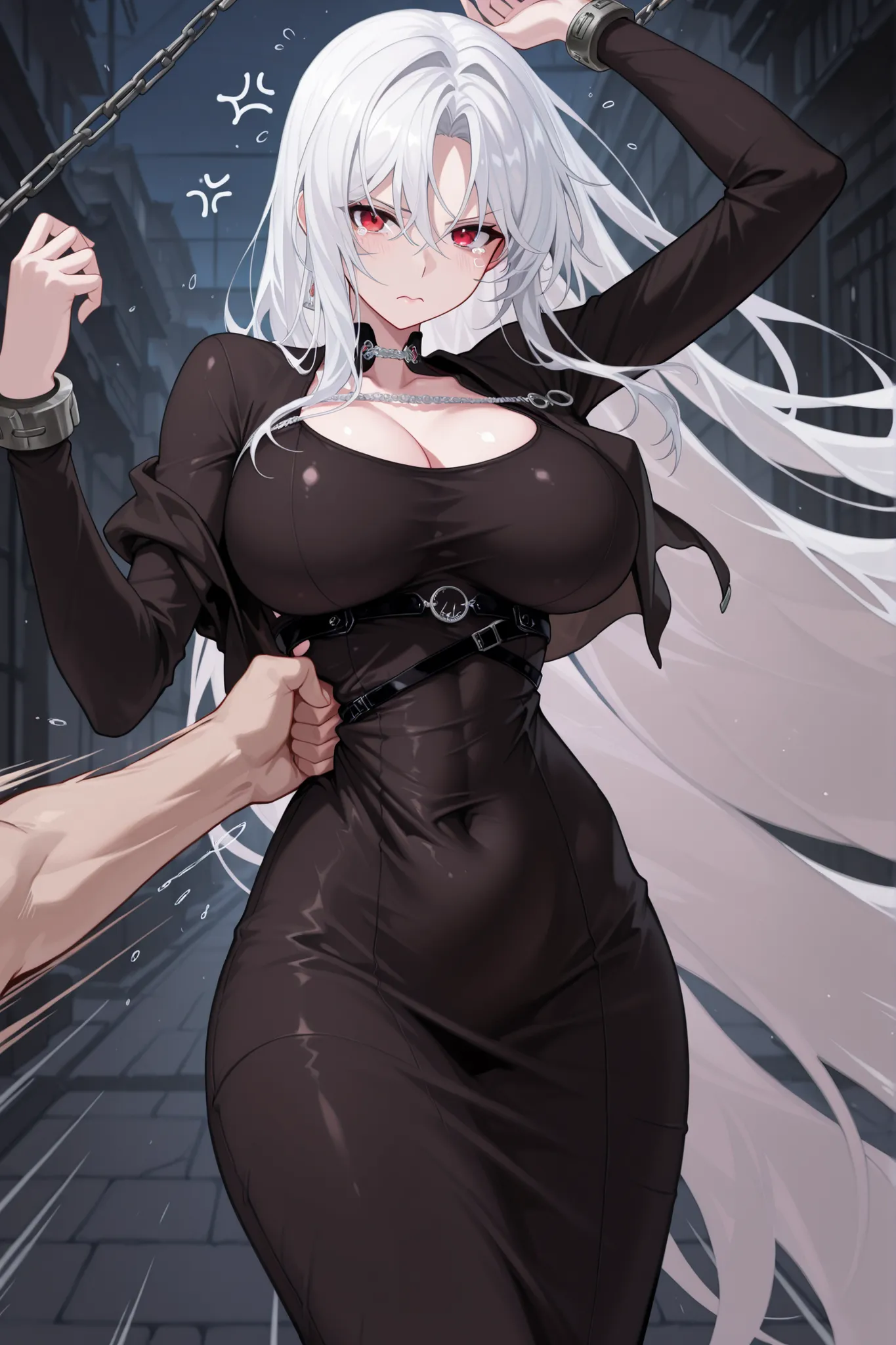 masterpiece,best quality,highres,Super detailed,very detailed,highest quality,super detailed,high quality,high-definition,extremely detailed, absurdres,perfect lighting,outdoors,hanging all hands over head,hanging two hands over head,chain restrict her wri...