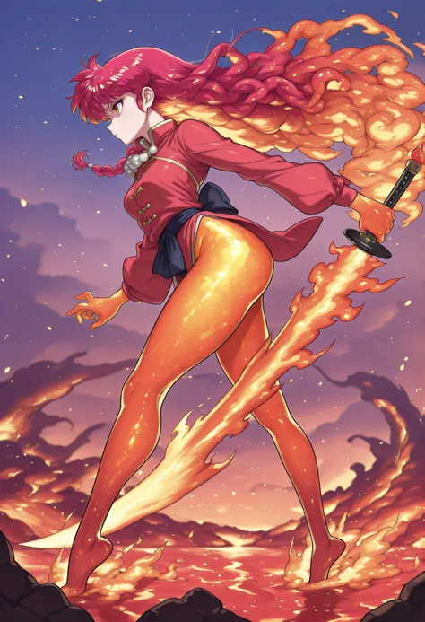 safe_pos, Ranma Saotome. red hair. pigtail. blue eyes. braid. small breasts. huge hips. necklace. black eyeliner. pink manicure. | safe_pos, core_9, score_8_up, score_8, semi realistic, ultra detailed, 8k, high quality, hi res, high quality, detailed eyes,...