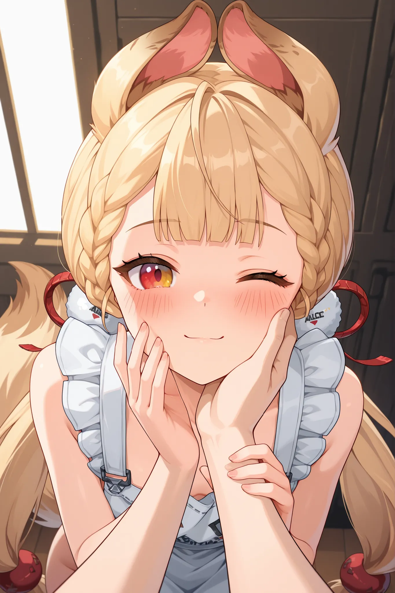 Alice, animal ears, blonde hair, braid, bangs, hair ornament, low twintails, tail,heterochromia, naked apron,frills, half updo, guided hand on cheek, hand grab, hand on another's cheek, hand on another's face, looking at viewer, pov, pov hands, smile, blus...