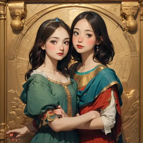 399 ((The Young Princess and the Young Prince)),(short hair),(Neat hair),(Ultra High Definition),(Opulent Palace),(Leonardo da Vinci Style Painting),(Egypt),(hieroglyphs)