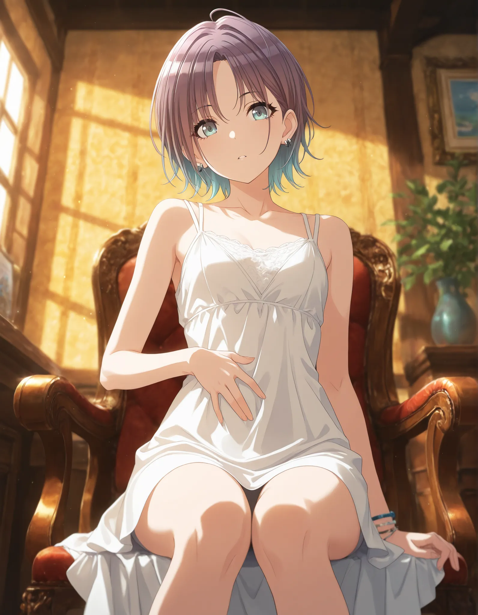  masterpiece,best quality, good quality, ,,indoors,((cinematic light)) shanimas,  source_anime,asakura toru, short hair, brown hair, blue hair, blue eyes, 1girl, solo, looking at viewer, ahoge, jewelry, earrings, (), summer dress,, parted bangs, bracelet, ...