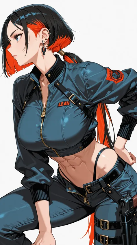 1girl, abs, alternate_hairstyle, arm_on_knee, belt, belt_buckle, buckle, closed_mouth, cropped_jacket, cyborg, earrings, feet_out_of_frame, gun, hair_over_one_eye, hand_on_own_hip, handgun, holster, holstered, jacket, jewelry, looking_to_the_side, female_f...