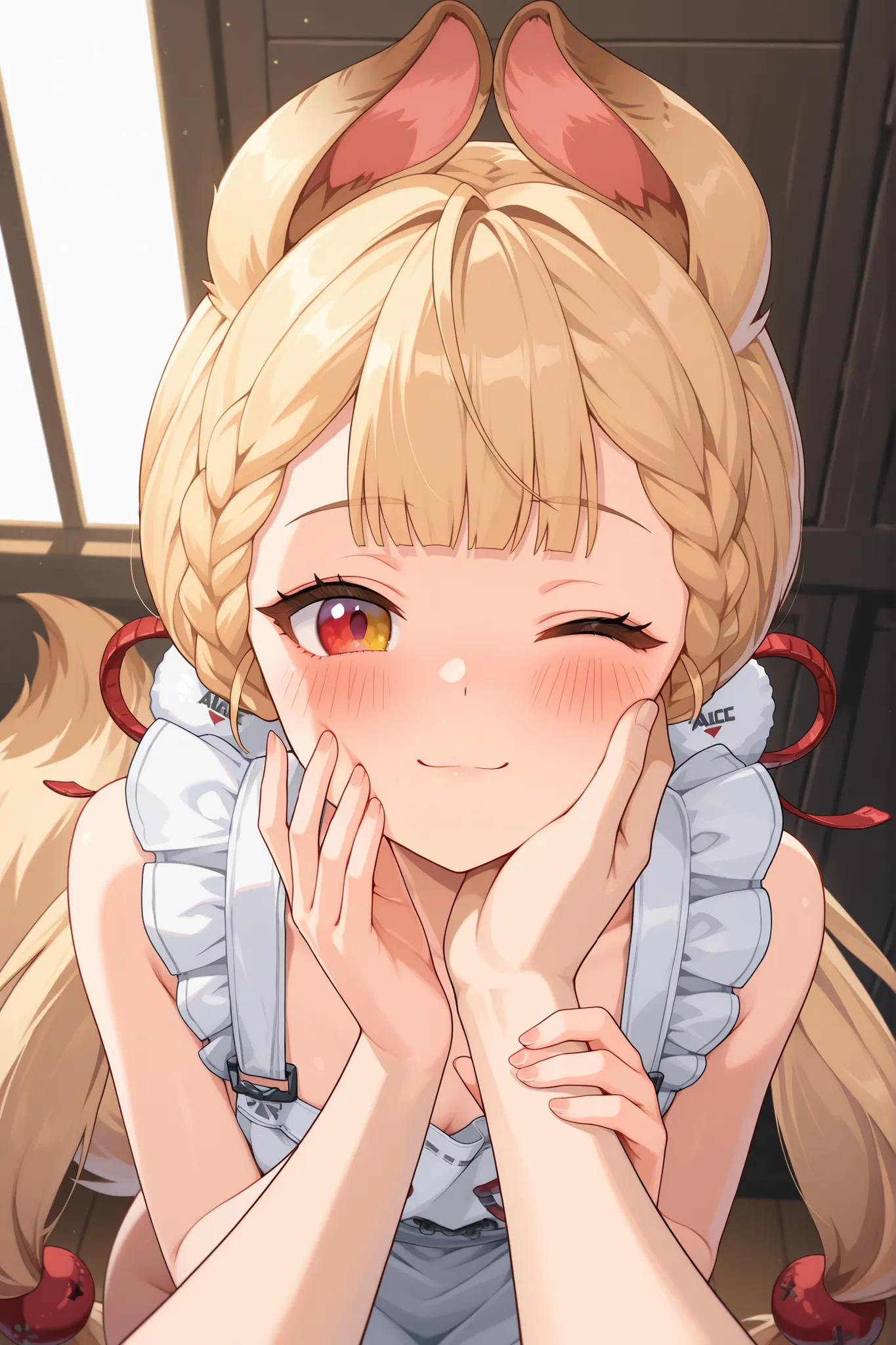 Alice, animal ears, blonde hair, braid, bangs, hair ornament, low twintails, tail,heterochromia, naked apron,frills, half updo, guided hand on cheek, hand grab, hand on another's cheek, hand on another's face, looking at viewer, pov, pov hands, smile, blus...