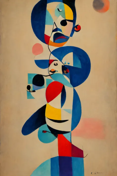 Abstract Joan miró art, expresionism, artistic composition, drawing style, circle, lines, organic shapes, minimalistic, muted colors, dancing woman, beige background