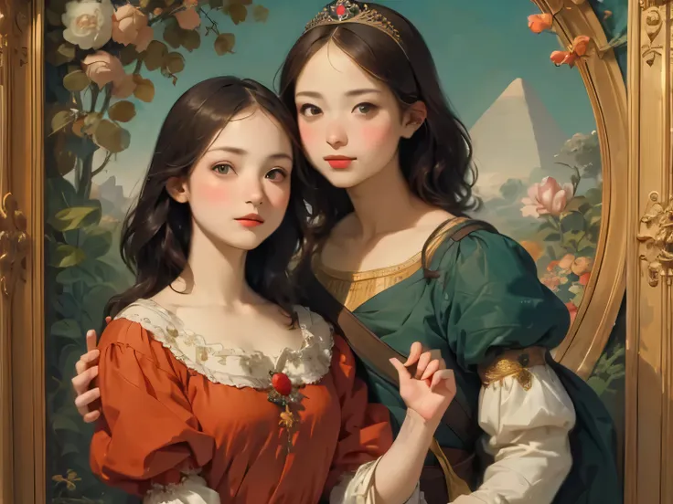 399 ((The Young Princess and the Young Prince)),(short hair),(Neat hair),(Ultra High Definition),(Opulent Palace),(Leonardo da Vinci Style Painting),(Egypt),(hieroglyphs)