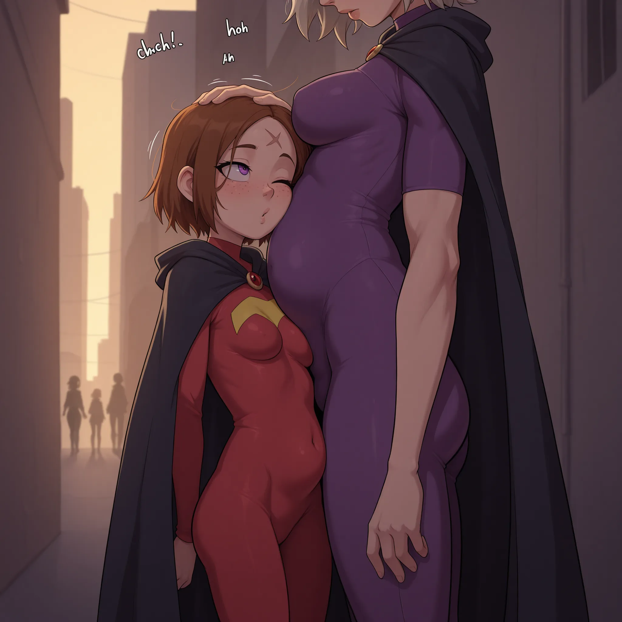 masterpiece, high quality, best quality, 
cityscape, noon, colorful superhero bodysuit, cape, toned, 
visible forehead, freckles, moles, detailed eyes, detailed lips,
slim body, slim waist, slim belly, skinny, athletic, slight muscles, chubby, muscular blo...