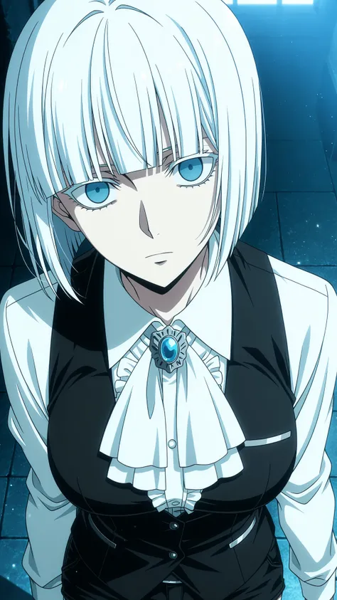 erica,gangsta
High quality ,  best quality , masterpiece,  High Resolution , anatomically correct,anime Coloring, Screencap
1girl,solo, tall woman, Cool woman,, androgynous,
White hair,short hair,bob cut, blunt bangs ,blue eyes, breasts,
White collared shi...