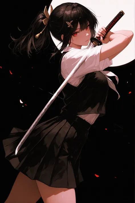 masterpiece, best quality, bright, very aesthetically pleasing, high contrast, newest , 1 divinely beautiful woman, 1girl, Pretty beautiful girl, high school student, ponytail, hair ornament, school uniform, katana, cowboy shot, dynamic pose, dynamic angle...