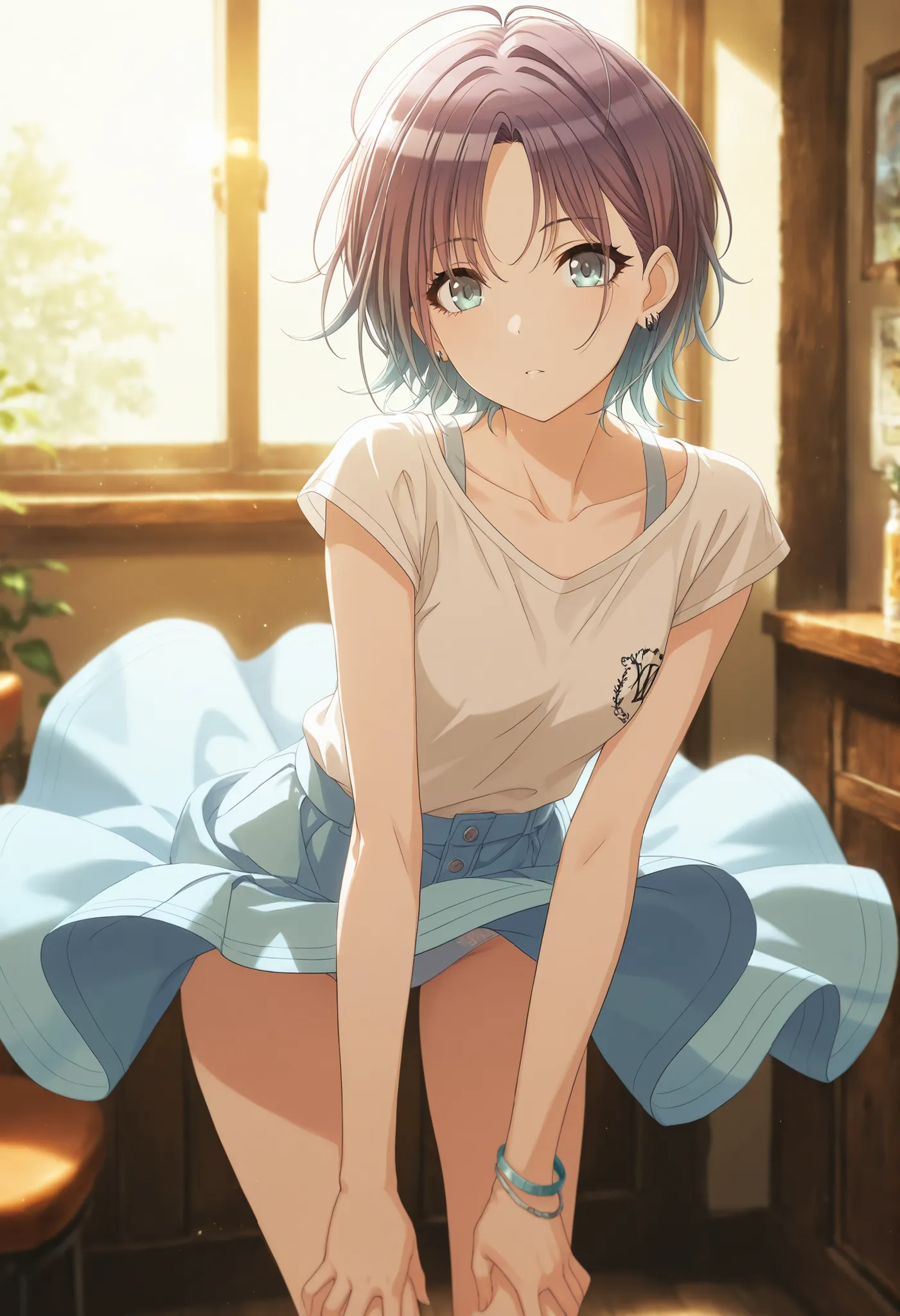  masterpiece,best quality, good quality, ,,indoors,((cinematic light)) shanimas,  source_anime,asakura toru, short hair, brown hair, blue hair, blue eyes, 1girl, solo, looking at viewer, ahoge, jewelry, earrings, (white shirt, light blue skirt, wind lift),...
