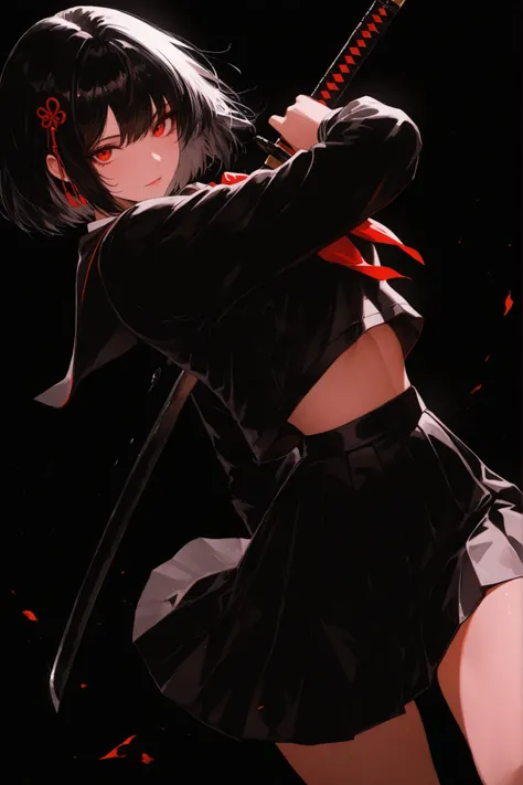 masterpiece, best quality, bright, very aesthetically pleasing, high contrast, newest , 1 divinely beautiful woman, 1girl, Pretty beautiful girl, high school student, hair ornament, school uniform, katana, cowboy shot, dynamic pose, dynamic angle, dynamic ...