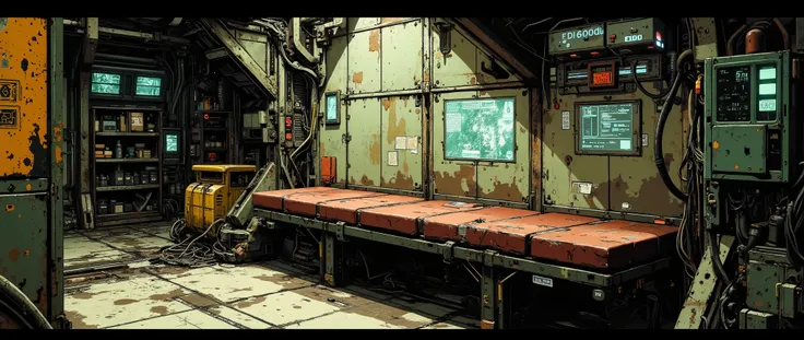 The backdrop of a futuristic cyberpunk-style spaceship interior is robust, with a dark, retro feel, based on 90s anime. It features a long bench attached to a partially dirty wall. The anime style features an anime background with right angles and a 32k ce...