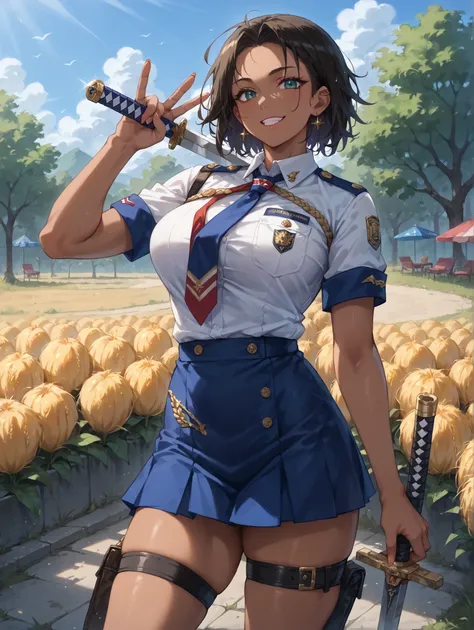 1 tanned JK gal swordsman, sexy uniform, big breasts, shoulder out, short skirt, Gesture of tapping on the shoulder with a sword, provocative expression, skin with a contrast between white and wheat, is cool&sexy vibe that emphasizes the toes, Yankee style...