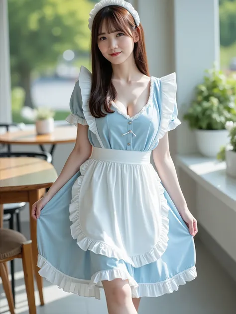 Modern Sweet Maid Dress，Light Blue Pleated Dress，white ruffle fringe apron，Bow decoration，Knee Length White Socks， Cute hair band ，bright sunshine falling，Comfortable Cafe Scene，Fresh natural style，(beautiful medium breasts :1.5)，(beautiful cleavage :1.5)