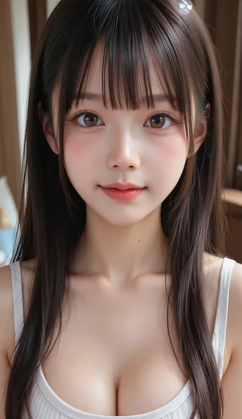 A pre-teen girl with pale skin and long hair, Straight black hair . big black eyes , has an intense and mysterious expression . wears clothes in an orphan movie , A pre-teen girl with pale skin and long hair with a more elegant and sophisticated touch...